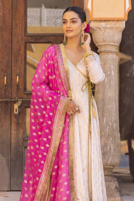 Shop Myaara White Silk, Cotton, Georgette Patterned Angarakha Anarkali Set With Dupatta Online at Aza Fashions Shop_Myaara_White Silk, Cotton, Georgette Patterned Angarakha Anarkali Set With Dupatta _Online_at_Aza_Fashions