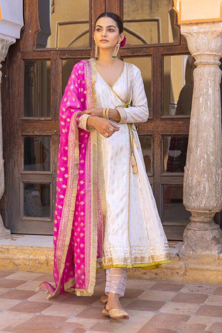 Myaara White Silk, Cotton, Georgette Patterned Angarakha Anarkali Set With Dupatta at Aza Fashions Myaara_White Silk, Cotton, Georgette Patterned Angarakha Anarkali Set With Dupatta _at_Aza_Fashions