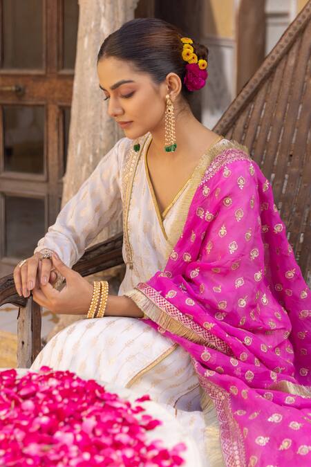 Buy Myaara White Silk, Cotton, Georgette Patterned Angarakha Anarkali Set With Dupatta Buy_Myaara_White Silk, Cotton, Georgette Patterned Angarakha Anarkali Set With Dupatta