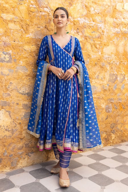 Myaara_Blue Silk, Cotton Sequins, Zari Foliage Pattern Angarakha Anarkali Pant Set _Online_at_Aza_Fashions