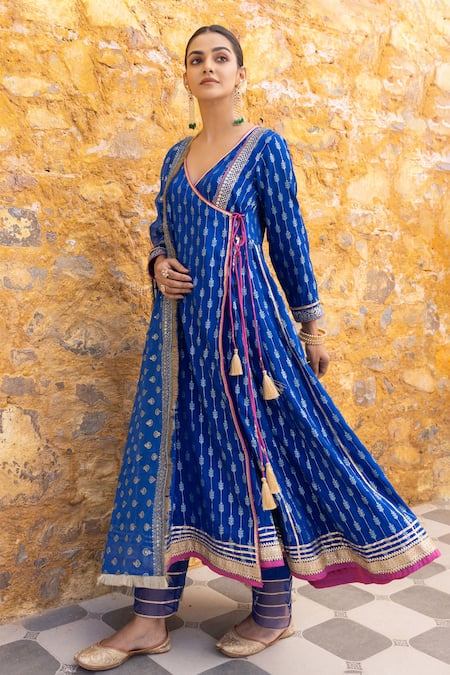 Buy_Myaara_Blue Silk, Cotton Sequins, Zari Foliage Pattern Angarakha Anarkali Pant Set _Online_at_Aza_Fashions