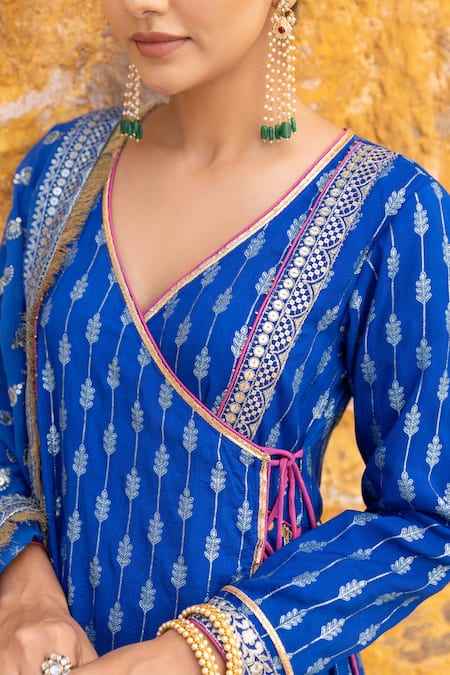 Shop_Myaara_Blue Silk, Cotton Sequins, Zari Foliage Pattern Angarakha Anarkali Pant Set _Online_at_Aza_Fashions