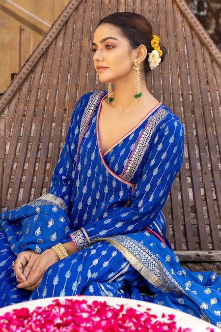 Myaara_Blue Silk, Cotton Sequins, Zari Foliage Pattern Angarakha Anarkali Pant Set _at_Aza_Fashions