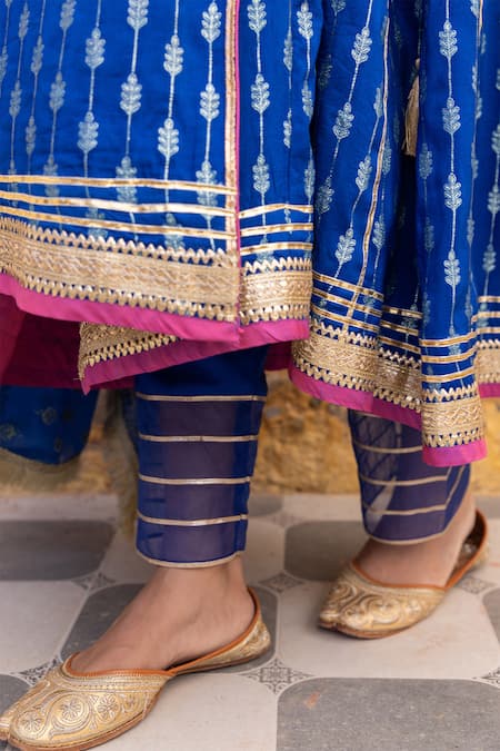 Buy_Myaara_Blue Silk, Cotton Sequins, Zari Foliage Pattern Angarakha Anarkali Pant Set 