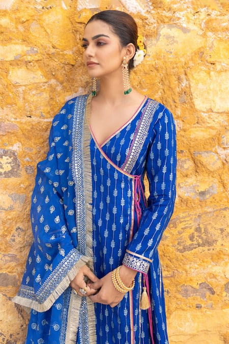 Shop_Myaara_Blue Silk, Cotton Sequins, Zari Foliage Pattern Angarakha Anarkali Pant Set 