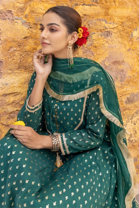Shop_Myaara_Green Chanderi, Cotton, Organza Sequins, Zari, Floral Butti Anarkali Pant Set 