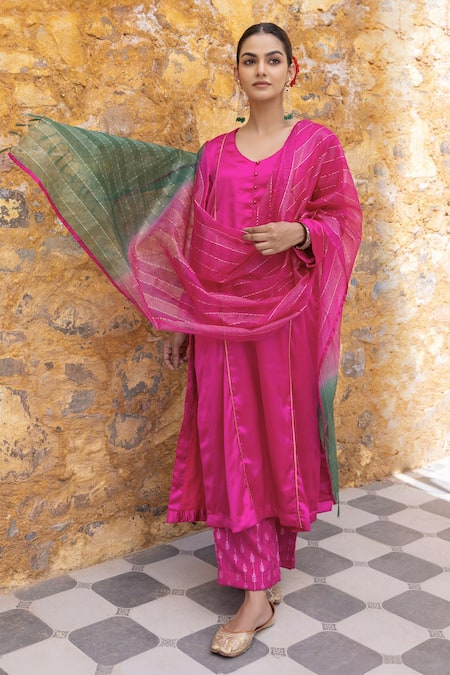 Buy Myaara Fuchsia Satin, Silk, Organza, Viscose Sequins, Gota Patti, Work Kurta Pant Set Online at Aza Fashions Buy_Myaara_Fuchsia Satin, Silk, Organza, Viscose Sequins, Gota Patti, Work Kurta Pant Set _Online_at_Aza_Fashions