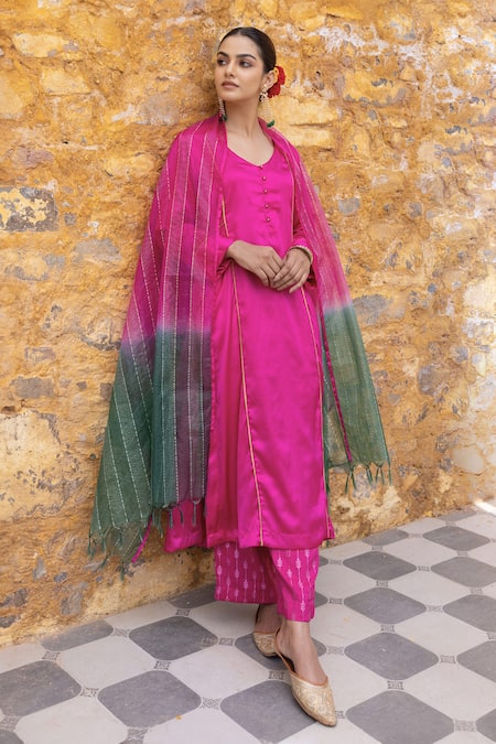 Shop Myaara Fuchsia Satin, Silk, Organza, Viscose Sequins, Gota Patti, Work Kurta Pant Set Online at Aza Fashions Shop_Myaara_Fuchsia Satin, Silk, Organza, Viscose Sequins, Gota Patti, Work Kurta Pant Set _Online_at_Aza_Fashions