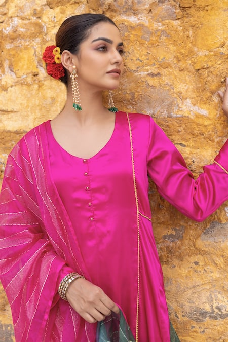 Myaara Fuchsia Satin, Silk, Organza, Viscose Sequins, Gota Patti, Work Kurta Pant Set at Aza Fashions Myaara_Fuchsia Satin, Silk, Organza, Viscose Sequins, Gota Patti, Work Kurta Pant Set _at_Aza_Fashions