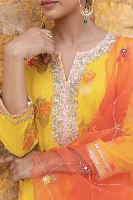 Shop_Myaara_Yellow , Viscose, Organza, Floral Blossom Pattern Kurta Pant Set _Online_at_Aza_Fashions