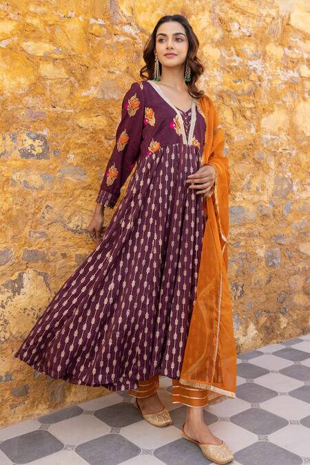 Myaara_Brown Silk, Viscose, Cotton, Organza Floral Zari Pattern Anarkali Pant Set _Online_at_Aza_Fashions