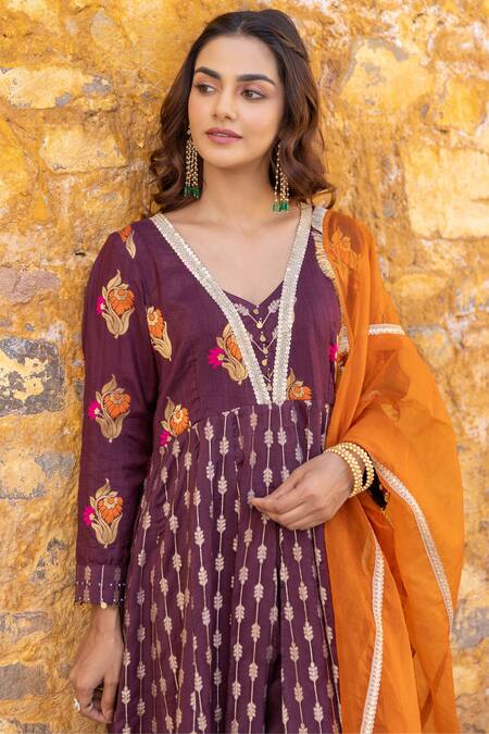 Buy_Myaara_Brown Silk, Viscose, Cotton, Organza Floral Zari Pattern Anarkali Pant Set _Online_at_Aza_Fashions