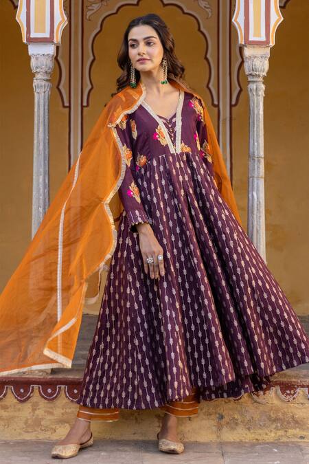 Shop_Myaara_Brown Silk, Viscose, Cotton, Organza Floral Zari Pattern Anarkali Pant Set _Online_at_Aza_Fashions