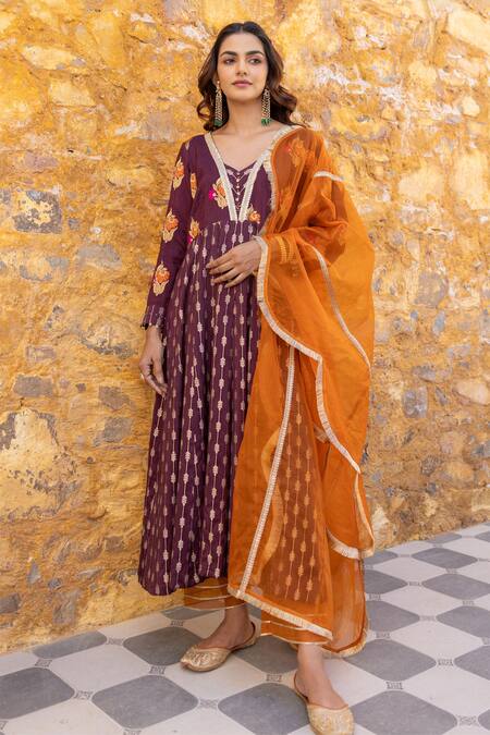 Myaara_Brown Silk, Viscose, Cotton, Organza Floral Zari Pattern Anarkali Pant Set _at_Aza_Fashions