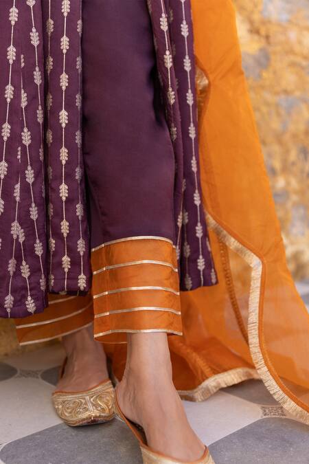 Buy_Myaara_Brown Silk, Viscose, Cotton, Organza Floral Zari Pattern Anarkali Pant Set 