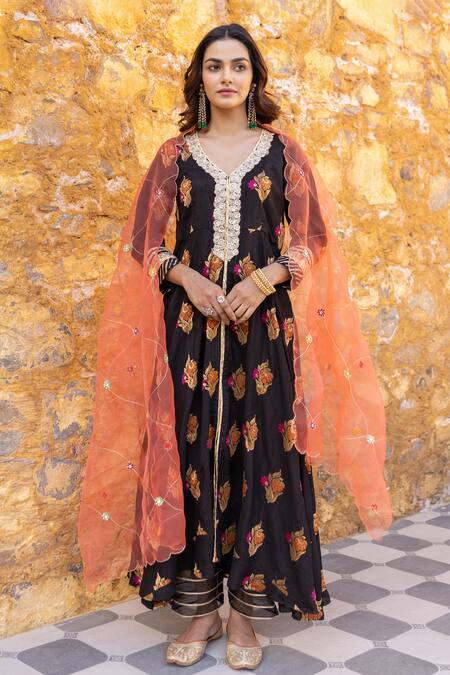 Myaara Black Silk, Viscose, Cotton, Zari Floral Blossom Pattern Anarkali Pant Set Online at Aza Fashions Myaara_Black Silk, Viscose, Cotton, Zari Floral Blossom Pattern Anarkali Pant Set _Online_at_Aza_Fashions