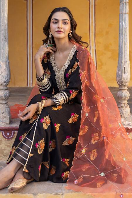Buy Myaara Black Silk, Viscose, Cotton, Zari Floral Blossom Pattern Anarkali Pant Set Online at Aza Fashions Buy_Myaara_Black Silk, Viscose, Cotton, Zari Floral Blossom Pattern Anarkali Pant Set _Online_at_Aza_Fashions