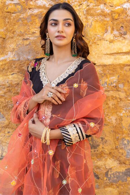 Shop Myaara Black Silk, Viscose, Cotton, Zari Floral Blossom Pattern Anarkali Pant Set Online at Aza Fashions Shop_Myaara_Black Silk, Viscose, Cotton, Zari Floral Blossom Pattern Anarkali Pant Set _Online_at_Aza_Fashions