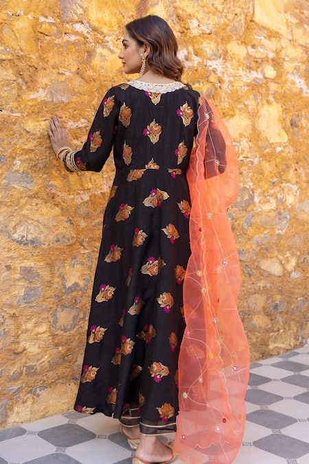 Shop Myaara Black Silk, Viscose, Cotton, Zari Floral Blossom Pattern Anarkali Pant Set at Aza Fashions Shop_Myaara_Black Silk, Viscose, Cotton, Zari Floral Blossom Pattern Anarkali Pant Set _at_Aza_Fashions