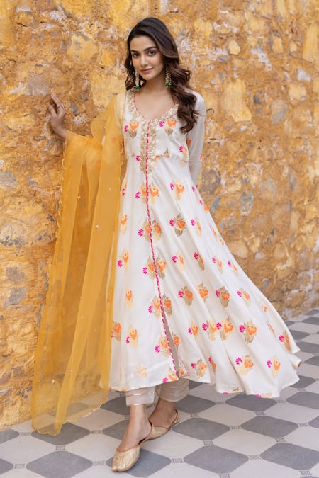 Myaara_White Silk, Viscose, Cotton, Floral Blossom Zari Patterned Anarkali Pant Set _Online_at_Aza_Fashions