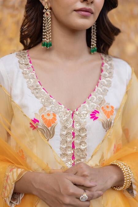 Shop_Myaara_White Silk, Viscose, Cotton, Floral Blossom Zari Patterned Anarkali Pant Set _Online_at_Aza_Fashions