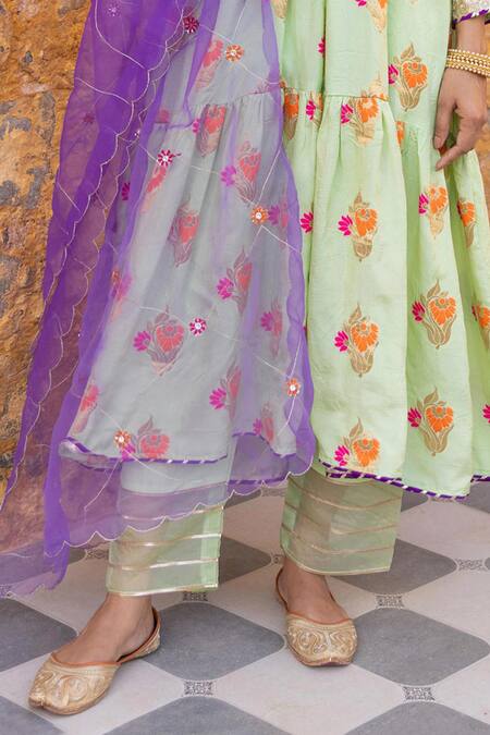 Buy_Myaara_Green Silk, Viscose, Cotton, Organza Zari Blossom Patterned Anarkali Pant Set _Online_at_Aza_Fashions