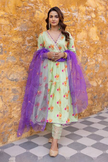 Shop_Myaara_Green Silk, Viscose, Cotton, Organza Zari Blossom Patterned Anarkali Pant Set _Online_at_Aza_Fashions