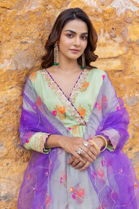 Myaara_Green Silk, Viscose, Cotton, Organza Zari Blossom Patterned Anarkali Pant Set _at_Aza_Fashions