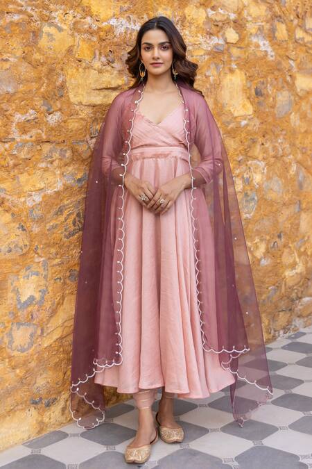 Buy_Myaara_Peach Crepe, Georgette, Pleated Yoke Anarkali Set With Embellished Dupatta _Online_at_Aza_Fashions