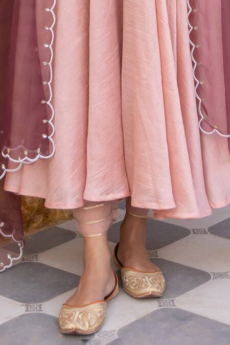 Shop_Myaara_Peach Crepe, Georgette, Pleated Yoke Anarkali Set With Embellished Dupatta _Online_at_Aza_Fashions