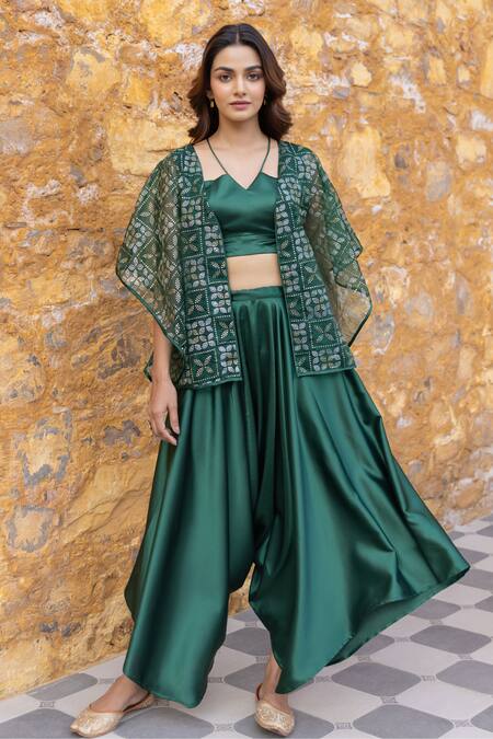 Myaara_Green Organza, Satin Embroidery, Mirrors Open Neck, Mukaish Jacket Pant Set _Online_at_Aza_Fashions