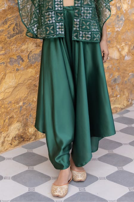 Buy_Myaara_Green Organza, Satin Embroidery, Mirrors Open Neck, Mukaish Jacket Pant Set _Online_at_Aza_Fashions