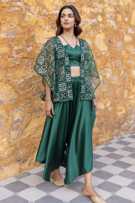 Shop_Myaara_Green Organza, Satin Embroidery, Mirrors Open Neck, Mukaish Jacket Pant Set _Online_at_Aza_Fashions