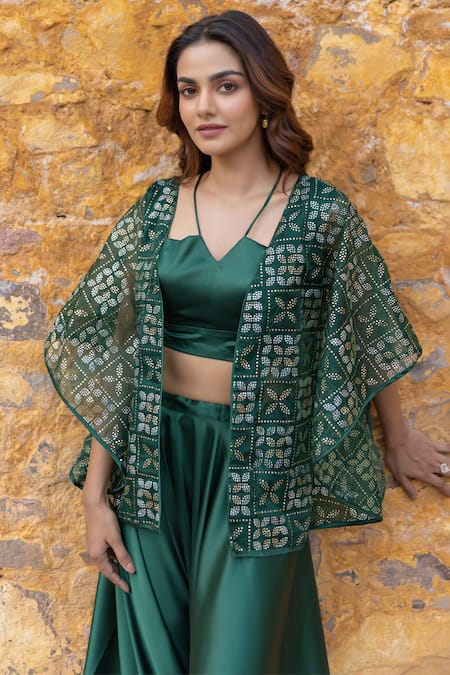 Buy_Myaara_Green Organza, Satin Embroidery, Mirrors Open Neck, Mukaish Jacket Pant Set 