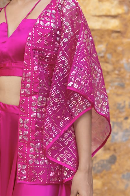 Myaara_Fuchsia Organza, Satin Mirrors Open Floral Mukaish Embroidered Jacket Pant Set _at_Aza_Fashions