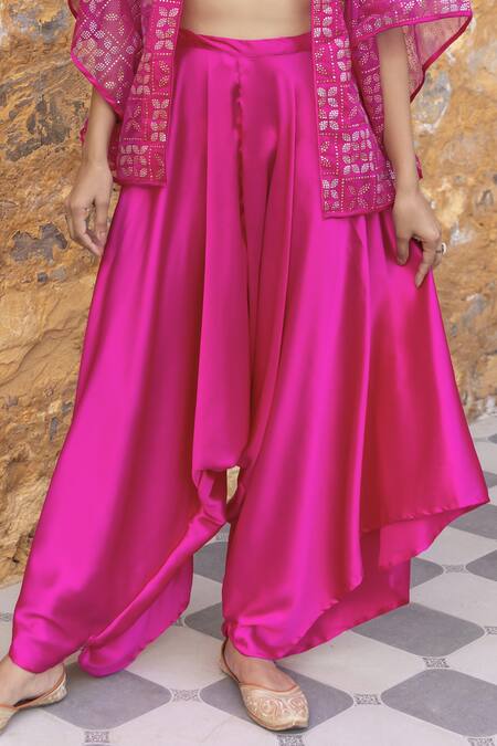 Buy_Myaara_Fuchsia Organza, Satin Mirrors Open Floral Mukaish Embroidered Jacket Pant Set 