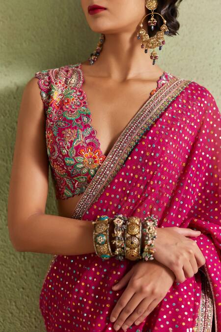 Shop Mrunalini Rao Pink Silk Embroidery V-neck Mythili Resham And Zardozi Blouse Online at Aza Fashions Shop_Mrunalini Rao_Pink Silk Embroidery V-neck Mythili Resham And Zardozi Blouse_Online_at_Aza_Fashions