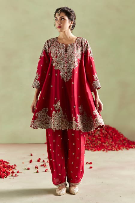 Shop_Mrunalini Rao_Red Silk, Organza Zari Round Neck Kalpa Zardozi Embroidered Anarkali Set _at_Aza_Fashions