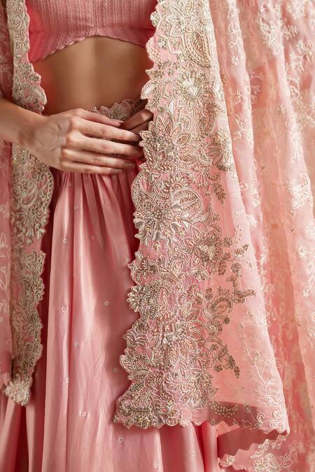 Buy_Mrunalini Rao_Peach Silk Pearls, Sequins V-neck Bhuvi Resham Embroidered Cape Lehenga Set _Online_at_Aza_Fashions