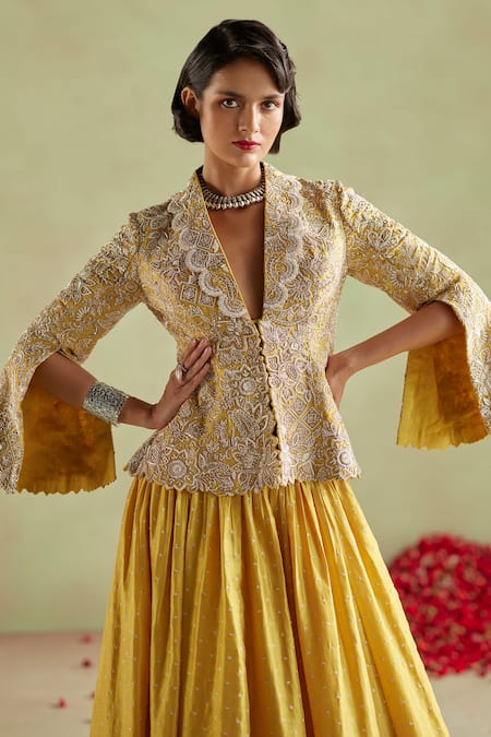 Mrunalini Rao_Yellow Silk Pearls, Sequins Shawl Neck Kamala Embroidered Jacket And Skirt Set _Online_at_Aza_Fashions