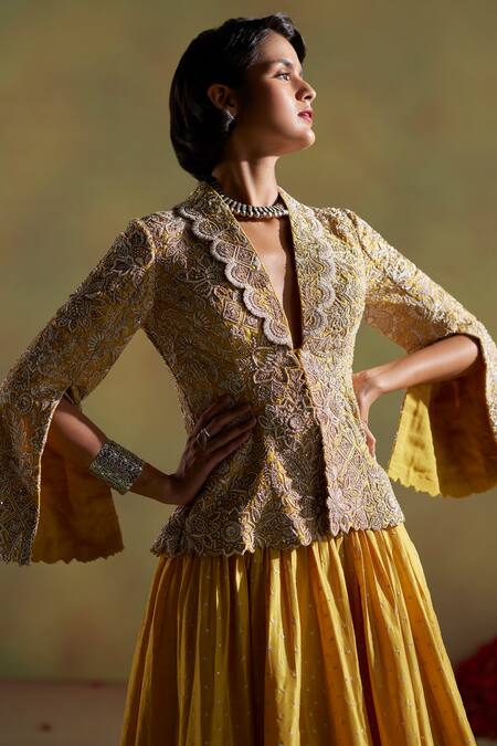 Buy_Mrunalini Rao_Yellow Silk Pearls, Sequins Shawl Neck Kamala Embroidered Jacket And Skirt Set _Online_at_Aza_Fashions