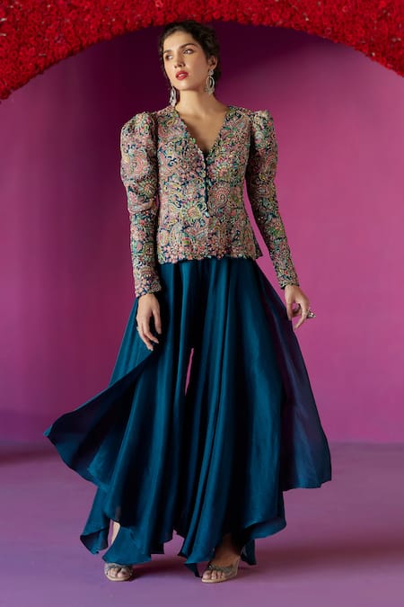 Shop_Mrunalini Rao_Blue Silk Embroidery V-neck Veena Jacket And Pant Set _at_Aza_Fashions