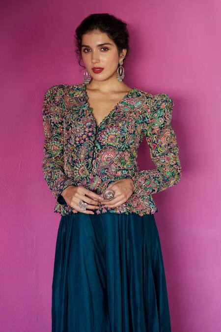 Buy_Mrunalini Rao_Blue Silk Embroidery V-neck Veena Jacket And Pant Set _Online_at_Aza_Fashions