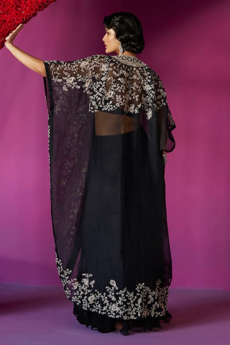 Shop_Mrunalini Rao_Black Silk, Chiffon Embroidery V-neck Urvi Resham Cape Skirt Set _at_Aza_Fashions