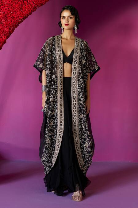 Buy_Mrunalini Rao_Black Silk, Chiffon Embroidery V-neck Urvi Resham Cape Skirt Set _Online_at_Aza_Fashions