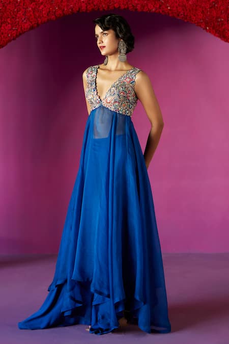 Shop Mrunalini Rao Blue Organza, Brocade, Chiffon, Bamboo Fluido Resham Yoke Anarkali Set at Aza Fashions Shop_Mrunalini Rao_Blue Organza, Brocade, Chiffon, Bamboo Fluido Resham Yoke Anarkali Set _at_Aza_Fashions