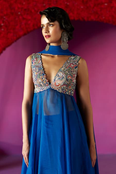 Mrunalini Rao Blue Organza, Brocade, Chiffon, Bamboo Fluido Resham Yoke Anarkali Set Online at Aza Fashions Mrunalini Rao_Blue Organza, Brocade, Chiffon, Bamboo Fluido Resham Yoke Anarkali Set _Online_at_Aza_Fashions