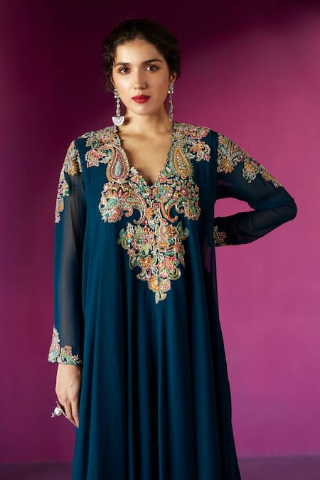 Shop_Mrunalini Rao_Blue Georgette, Chiffon, Lace Embroidery Meera Resham Anarkali With Dupatta _at_Aza_Fashions