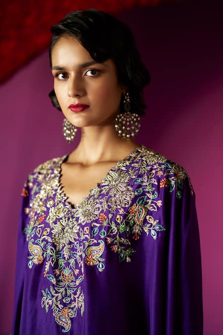 Shop_Mrunalini Rao_Purple Silk Embroidery V-neck Reva Kurta And Pant Set _at_Aza_Fashions