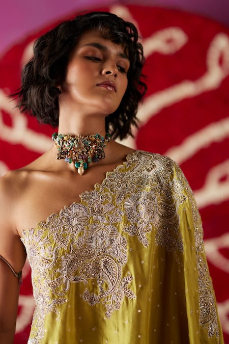 Buy_Mrunalini Rao_Green Silk Pearls, Sequins, Liana Neckline Embroidered Kaftan And Draped Pant Set _Online_at_Aza_Fashions